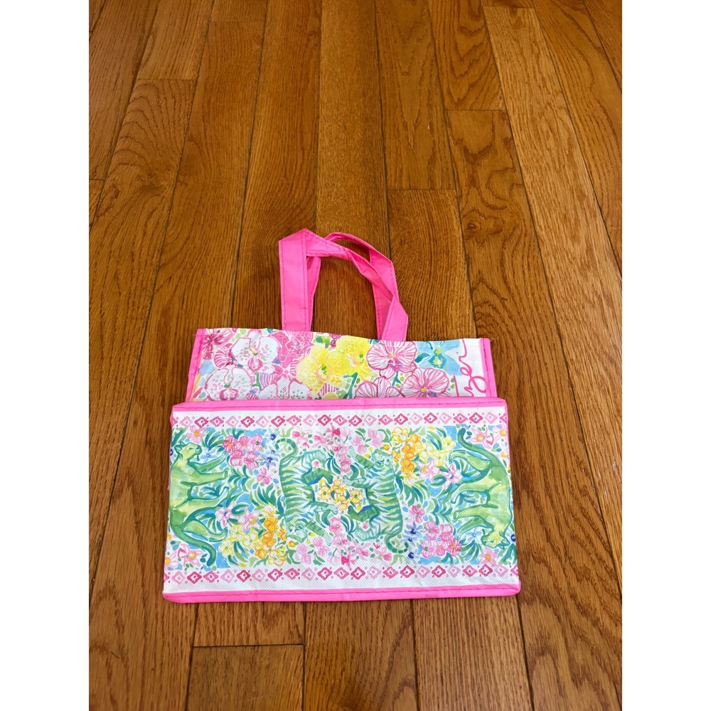 Lilly Pulitzer Reusable Shopping Tote Bag Pink Floral Tiger Print Small 12x10x5 - Picture 2 of 8